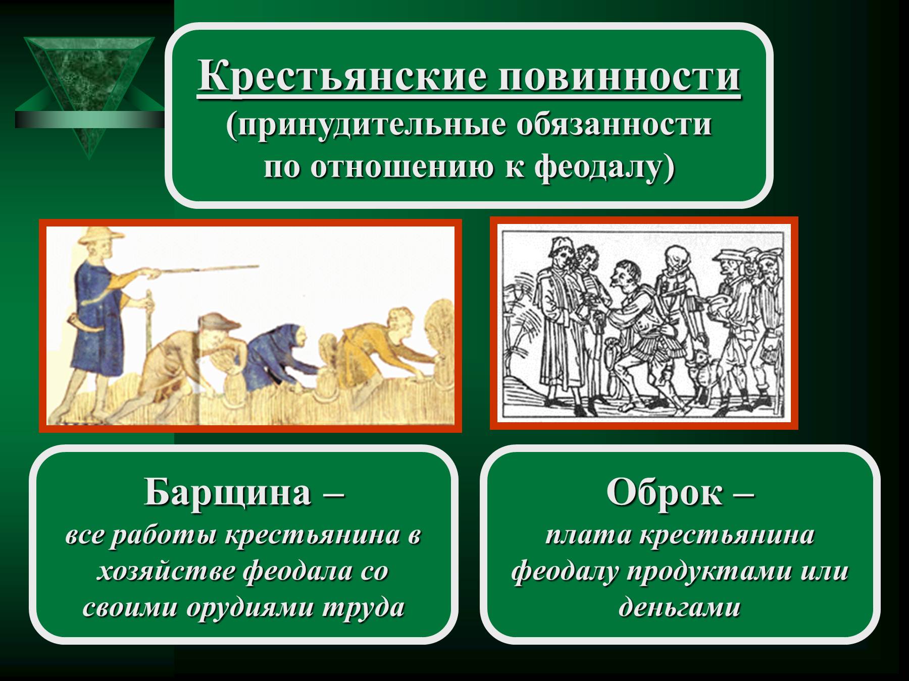 Феодал и зависимые крестьяне – денежный сбор при уходе, вечное право